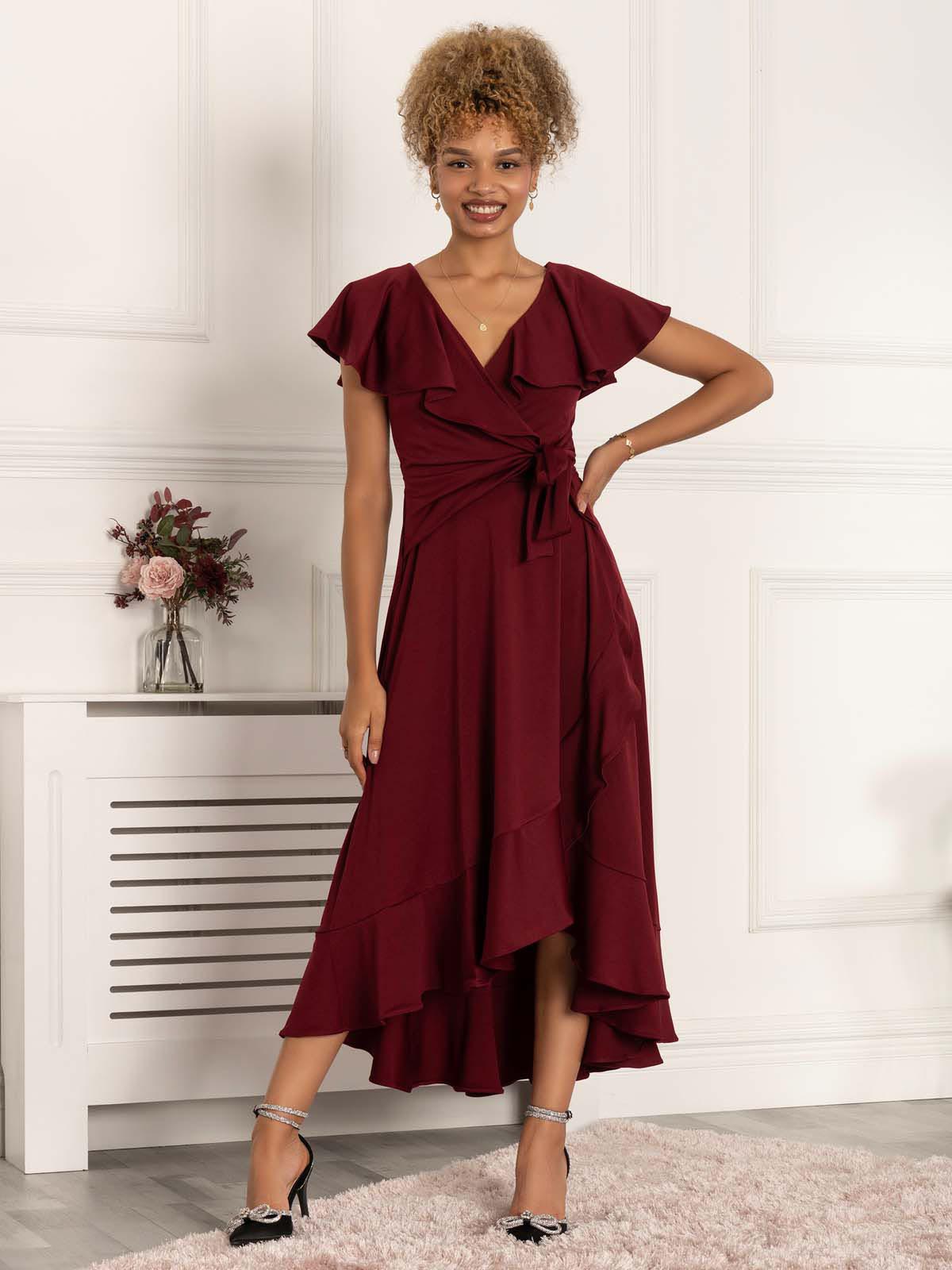 Priya Frill Dipped Hem Dress, Burgundy