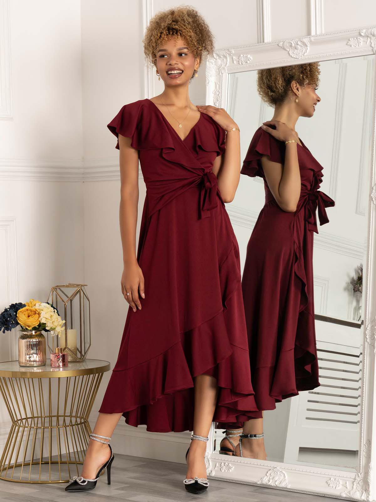 Priya Frill Dipped Hem Dress, Burgundy