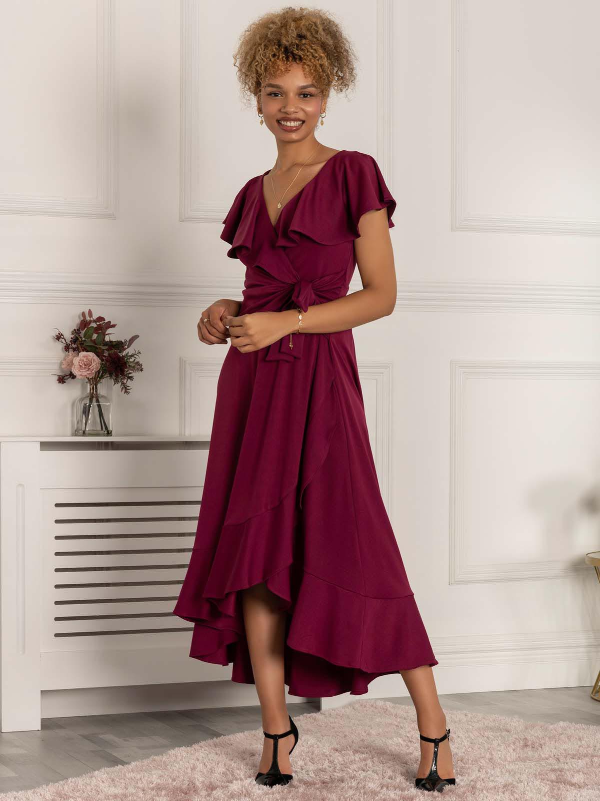 Priya Frill Dipped Hem Dress, Dark Purple