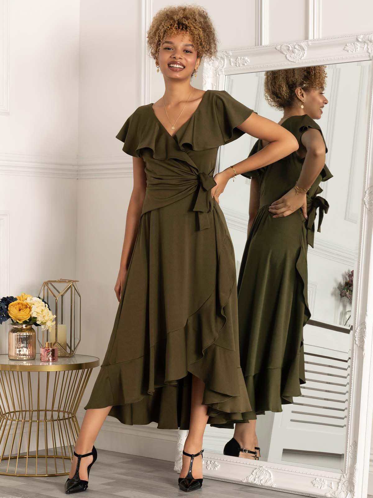 Priya Frill Dipped Hem Dress, Soldier Green