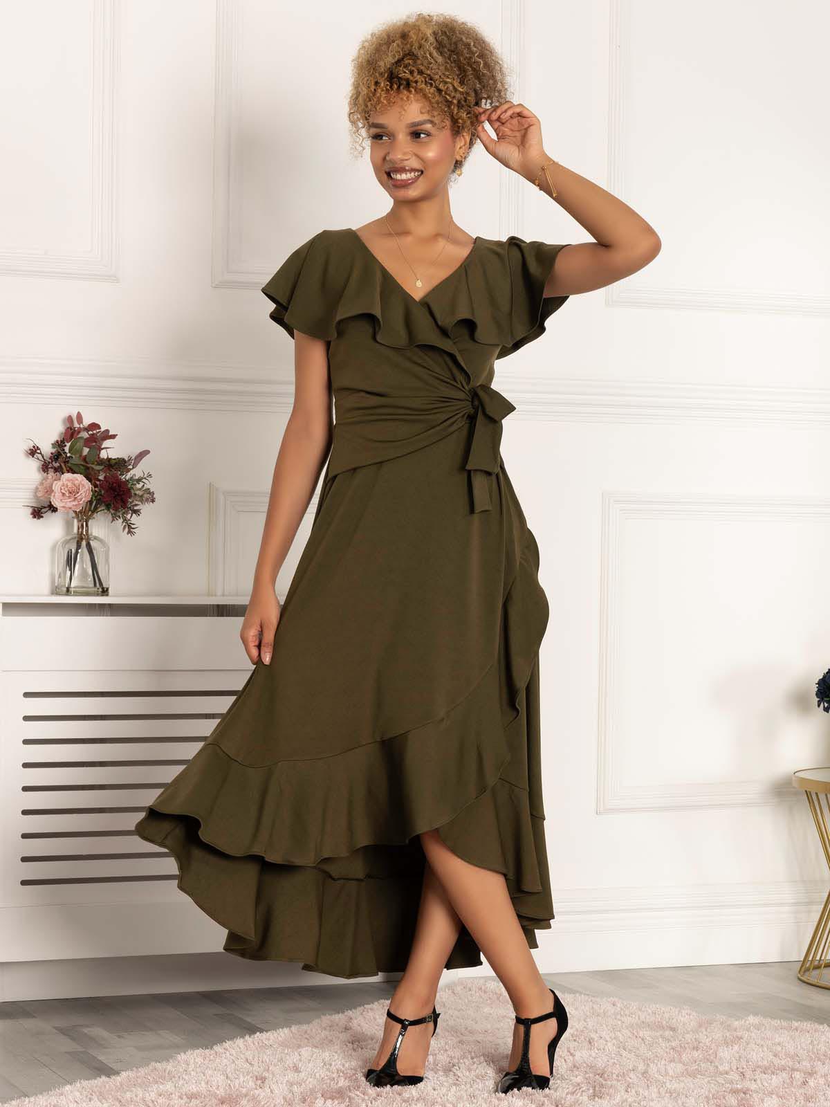 Priya Frill Dipped Hem Dress, Soldier Green