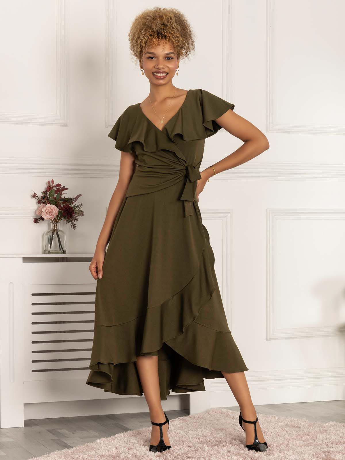 Priya Frill Dipped Hem Dress, Soldier Green