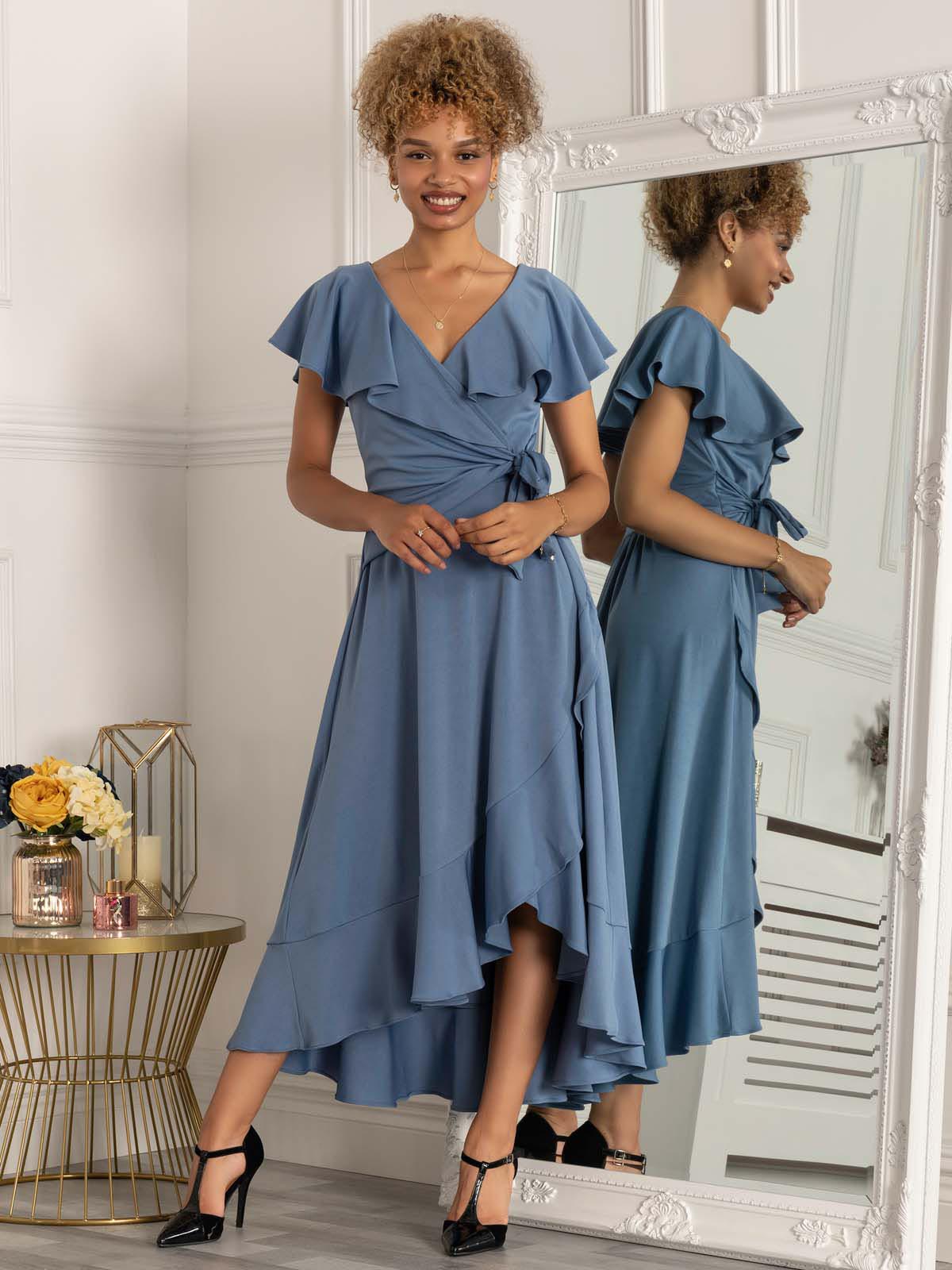Priya Frill Dipped Hem Dress, Steel Blue