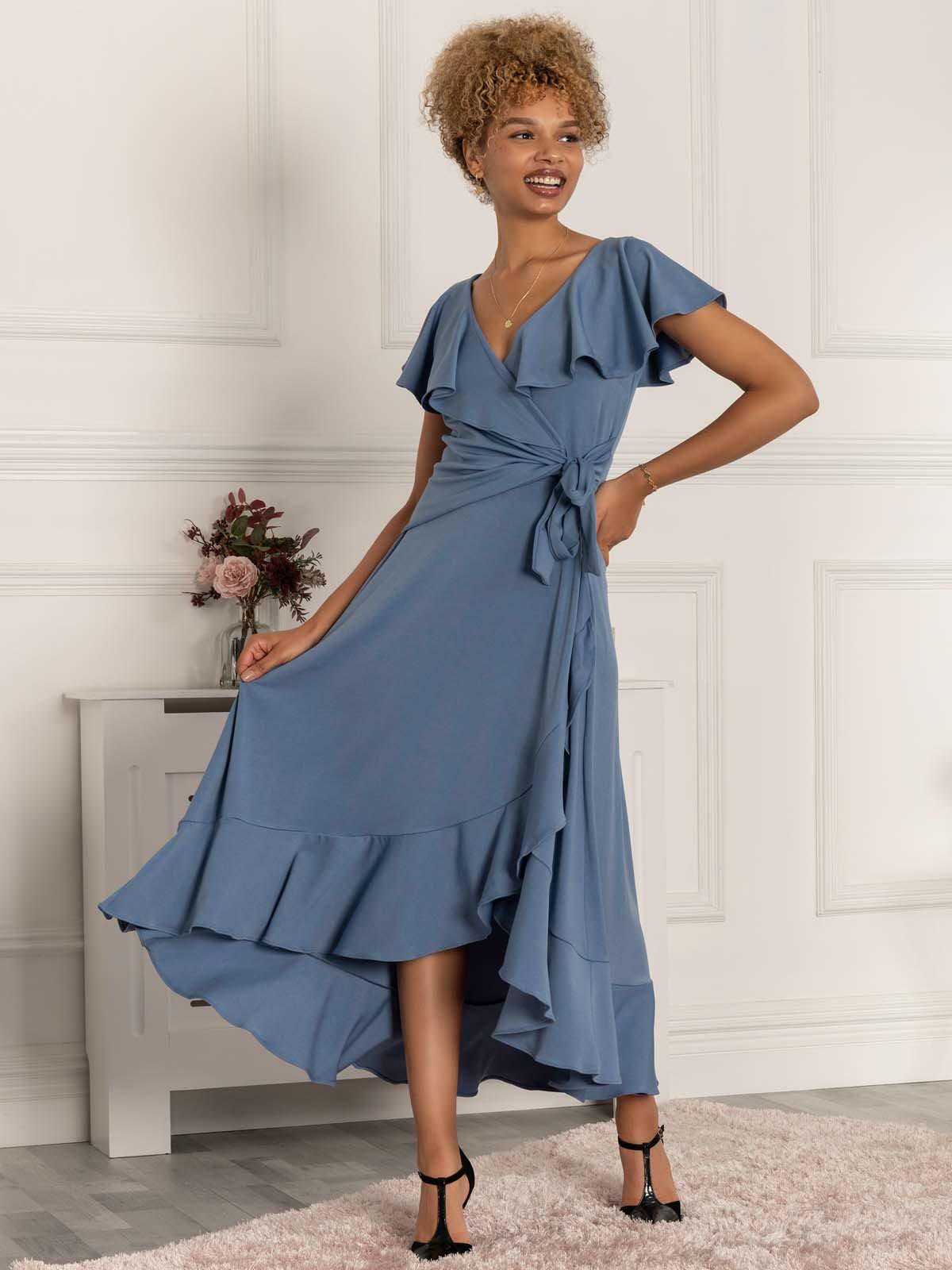 Priya Frill Dipped Hem Dress, Steel Blue