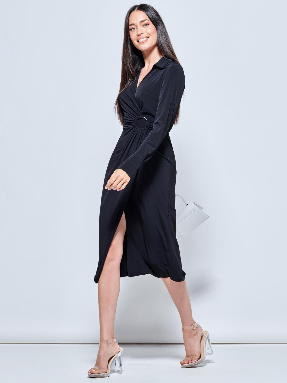 Plain Long Sleeve Jersey Shirt Dress, Black