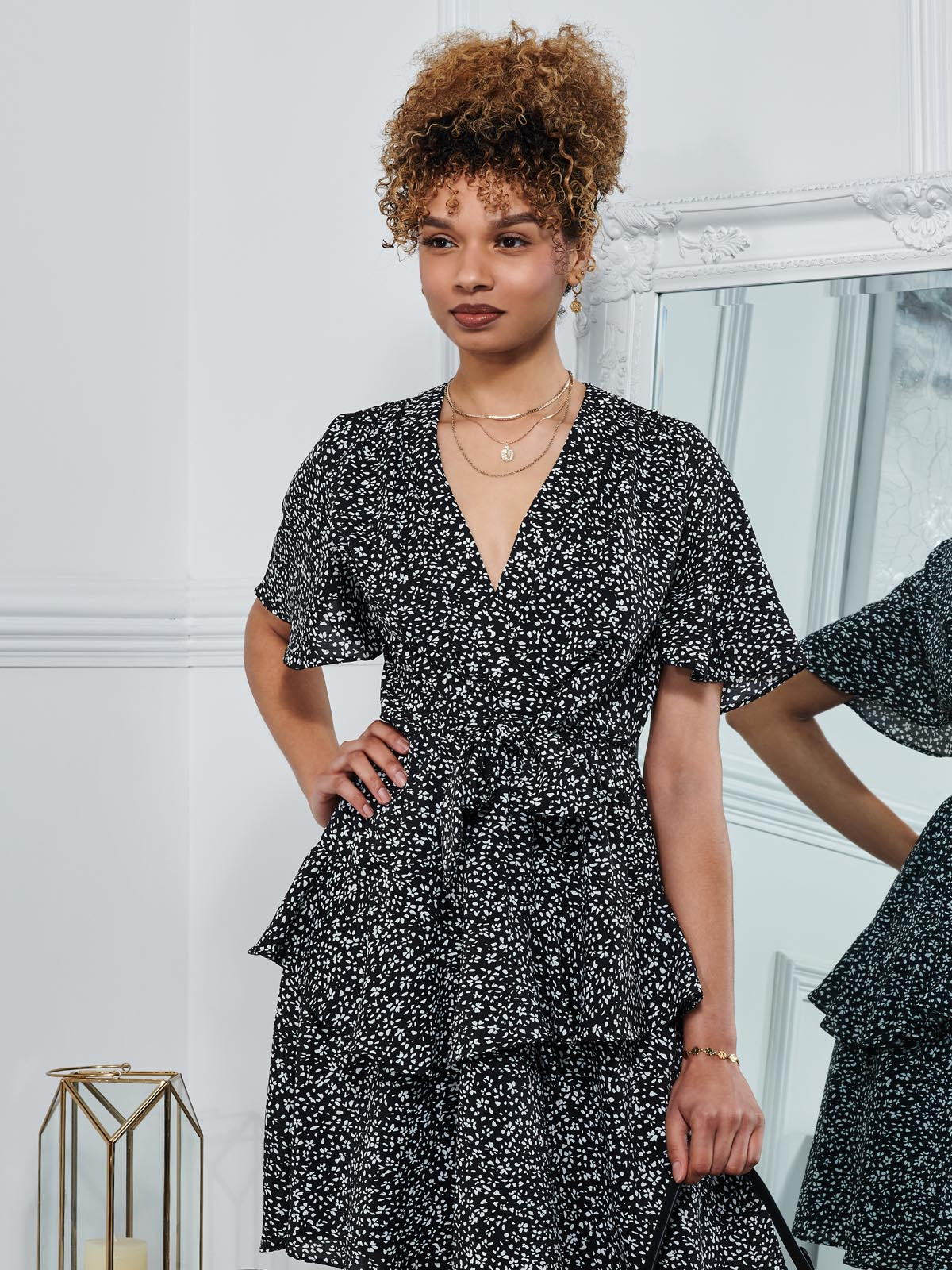 Priscila Tie Waist Woven Mini Dress, Black Ditsy