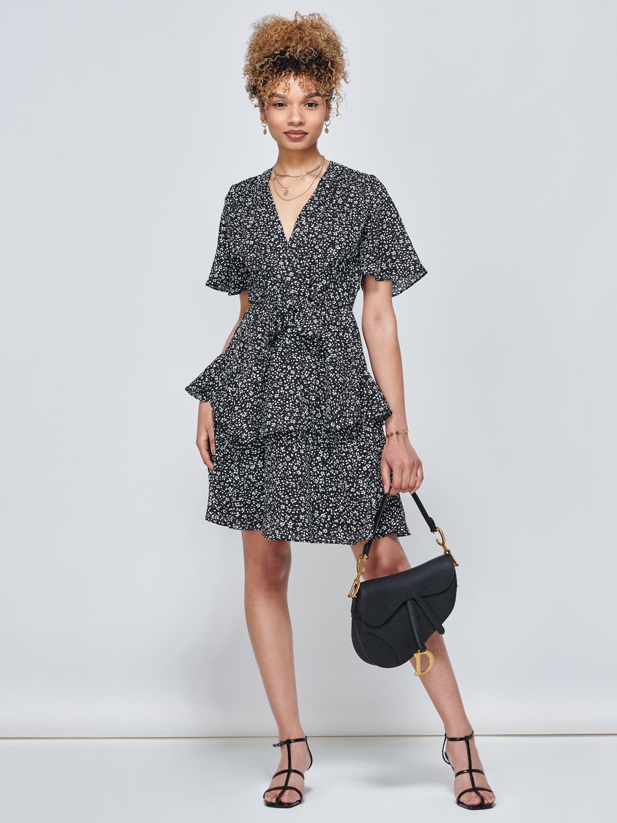 Priscila Tie Waist Woven Mini Dress, Black Ditsy