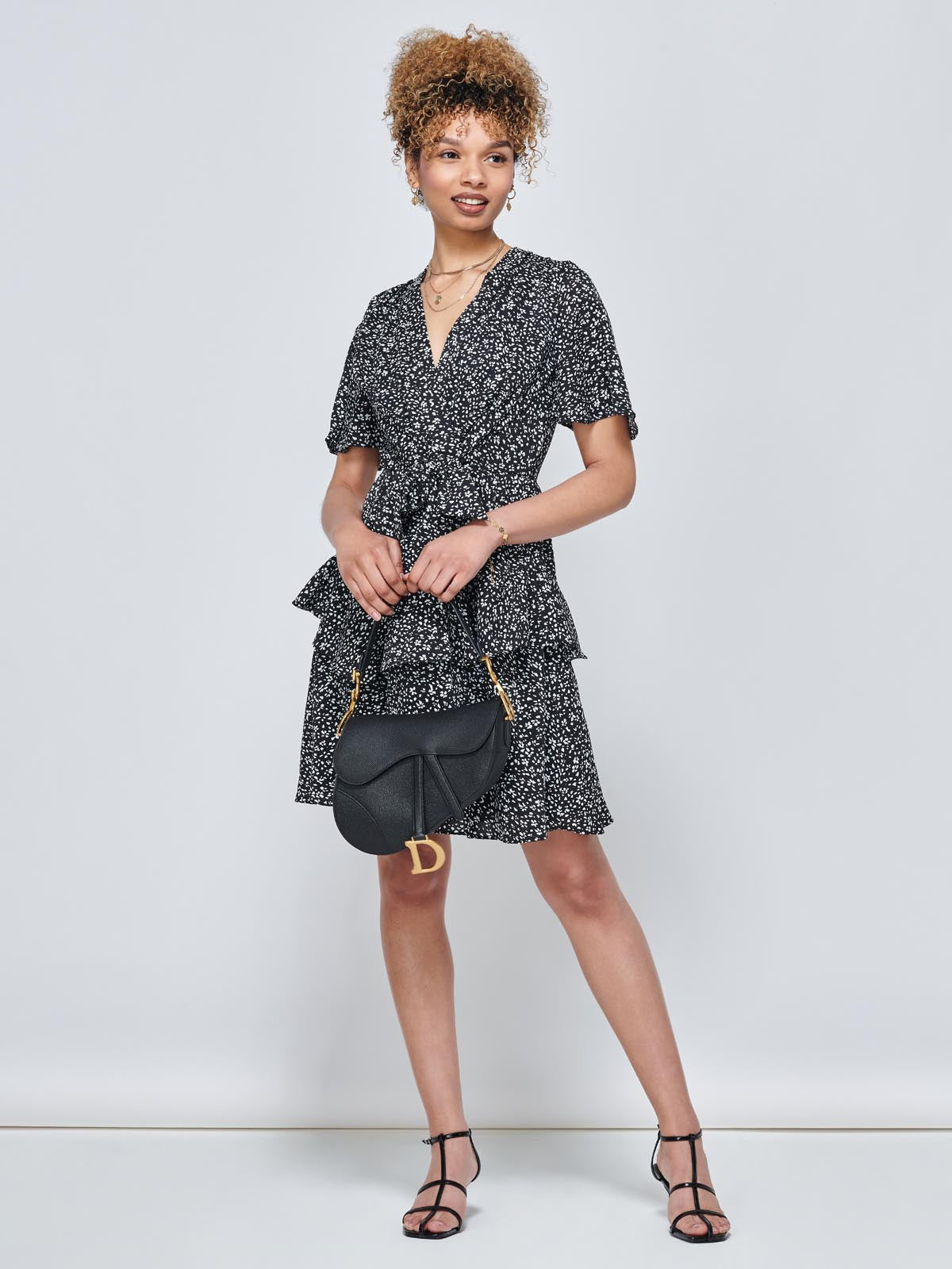 Priscila Tie Waist Woven Mini Dress, Black Ditsy