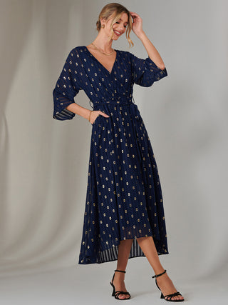 Plain Gold Spot Chiffon Dress, Navy/Gold