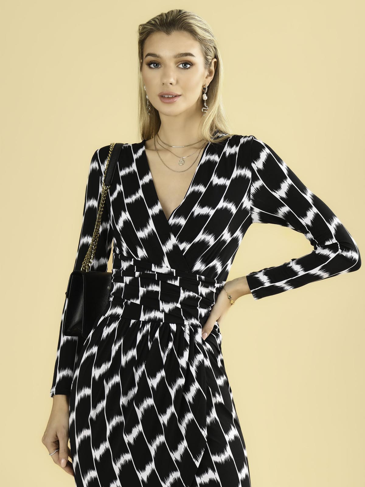 Phebe Print Ruched Jersey Dress, Black Geo