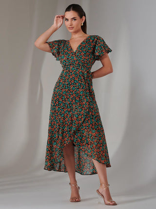 Petite High Low Midaxi Dress, Black Multi