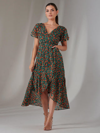 Petite High Low Midaxi Dress, Black Multi