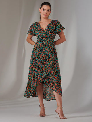 Petite High Low Midaxi Dress, Black Multi