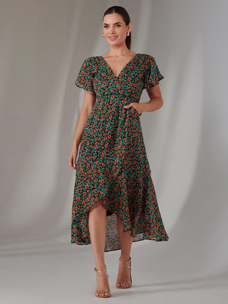 Petite High Low Midaxi Dress, Black Multi