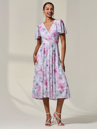 Petite Mesh Short Sleeve Wrap Midaxi Dress, Pink Multi