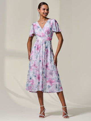 Petite Mesh Short Sleeve Wrap Midaxi Dress, Pink Multi