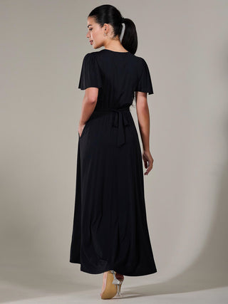 Short Sleeve Soft Silky Jersey Maxi Dress, Black