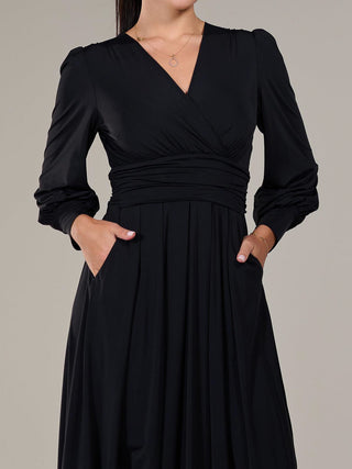 Long Sleeve Soft Silky Jersey Midi Dress, Black
