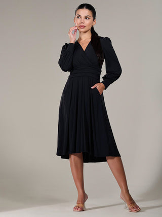 Long Sleeve Soft Silky Jersey Midi Dress, Black