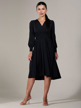 Long Sleeve Soft Silky Jersey Midi Dress, Black