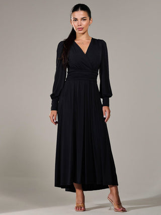 Petite Long Sleeve Soft Silky Jersey Maxi Dress, Black