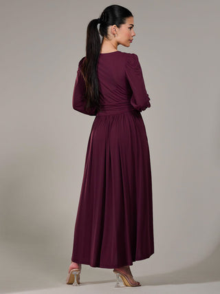 Petite Long Sleeve Soft Silky Jersey Maxi Dress, Burgundy