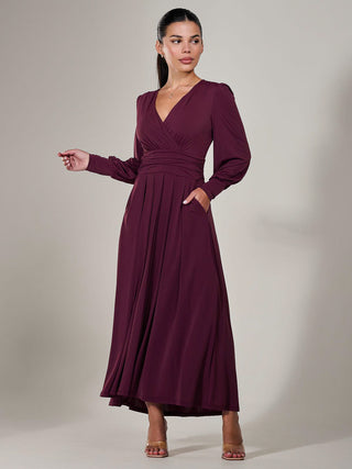 Petite Long Sleeve Soft Silky Jersey Maxi Dress, Burgundy