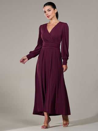 Petite Long Sleeve Soft Silky Jersey Maxi Dress, Burgundy