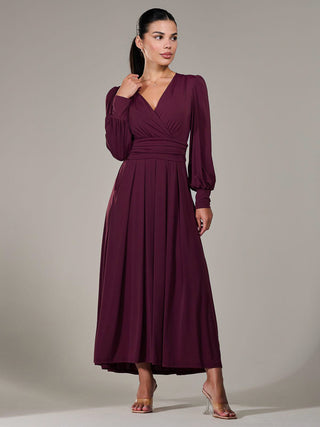 Petite Long Sleeve Soft Silky Jersey Maxi Dress, Burgundy