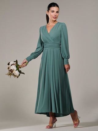 Petite Long Sleeve Soft Silky Jersey Maxi Dress, Green