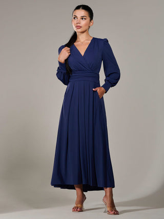 Petite Long Sleeve Soft Silky Jersey Maxi Dress, Navy