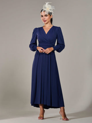 Petite Long Sleeve Soft Silky Jersey Maxi Dress, Navy