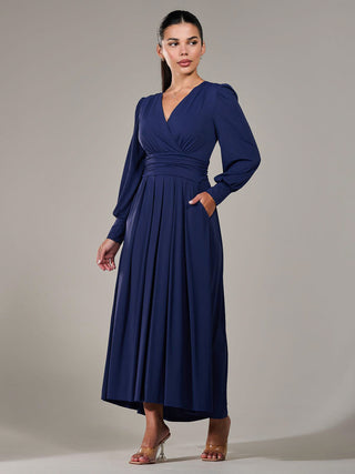 Petite Long Sleeve Soft Silky Jersey Maxi Dress, Navy