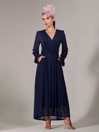 Petite Long Sleeve Mesh Maxi Dress, Navy