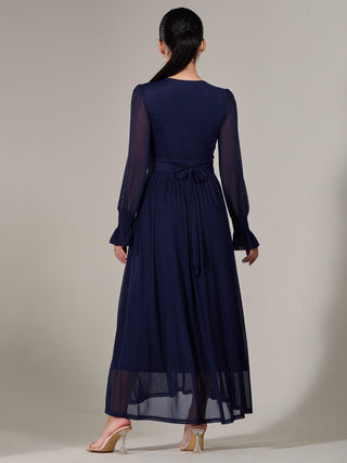Petite Long Sleeve Mesh Maxi Dress, Navy