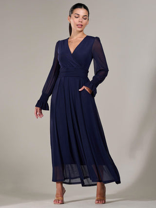 Petite Long Sleeve Mesh Maxi Dress, Navy