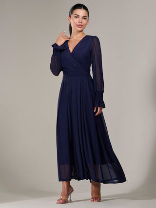 Petite Long Sleeve Mesh Maxi Dress, Navy