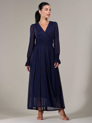 Petite Long Sleeve Mesh Maxi Dress, Navy
