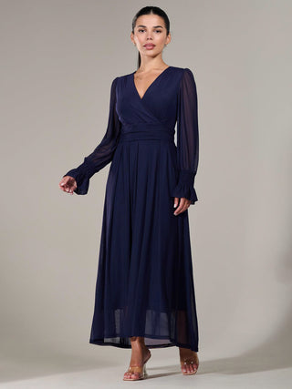 Petite Long Sleeve Mesh Maxi Dress, Navy