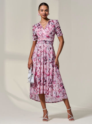 Petite Wrap Front Ruched Sleeve Midi Dress, Pink Floral