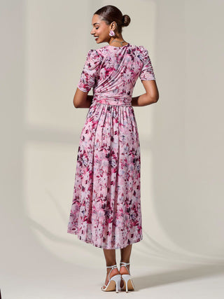 Petite Wrap Front Ruched Sleeve Midi Dress, Pink Floral