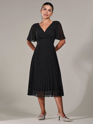 Petite Chiffon Pleated Midaxi Dress, Black Polka Dots
