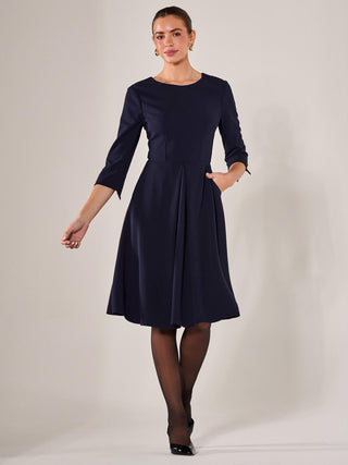 Round Neck 3/4 Sleeve Midi Dress, Navy