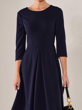 Round Neck 3/4 Sleeve Midi Dress, Navy