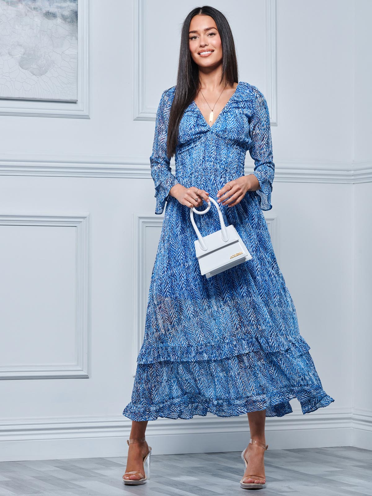 V Neck Shirred Chiffon Maxi Dress, Blue Abstract