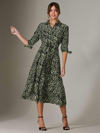 Tie Sleeve Shirt Maxi Dress, Green Leopard