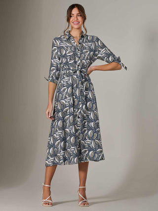 Tie Sleeve Shirt Maxi Dress, Navy Abstract