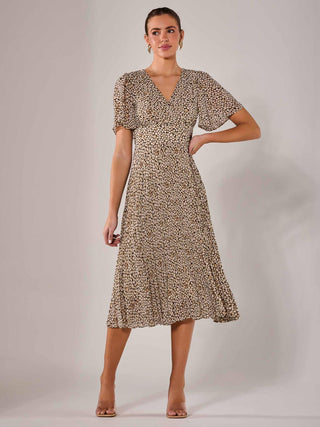 Chiffon Pleated Wrap Midaxi Dress, Black Cream