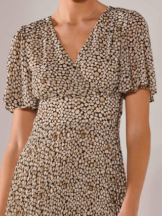 Chiffon Pleated Wrap Midaxi Dress, Black Cream