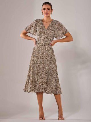 Chiffon Pleated Wrap Midaxi Dress, Black Cream